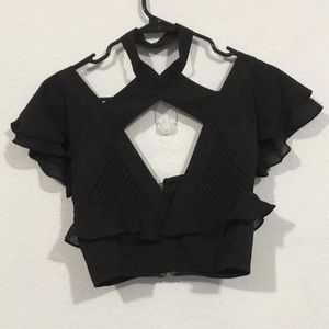 Nasty Gal Black Cropped Flutter Sleeve Top